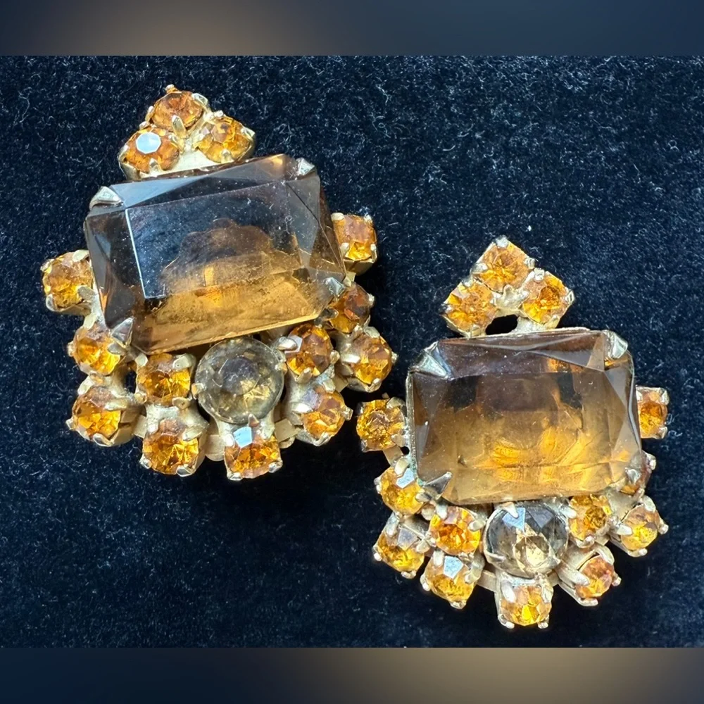 Lot of 3 Vintage Gold and Amber Tone Topaz Clip On Beaded Earrings
